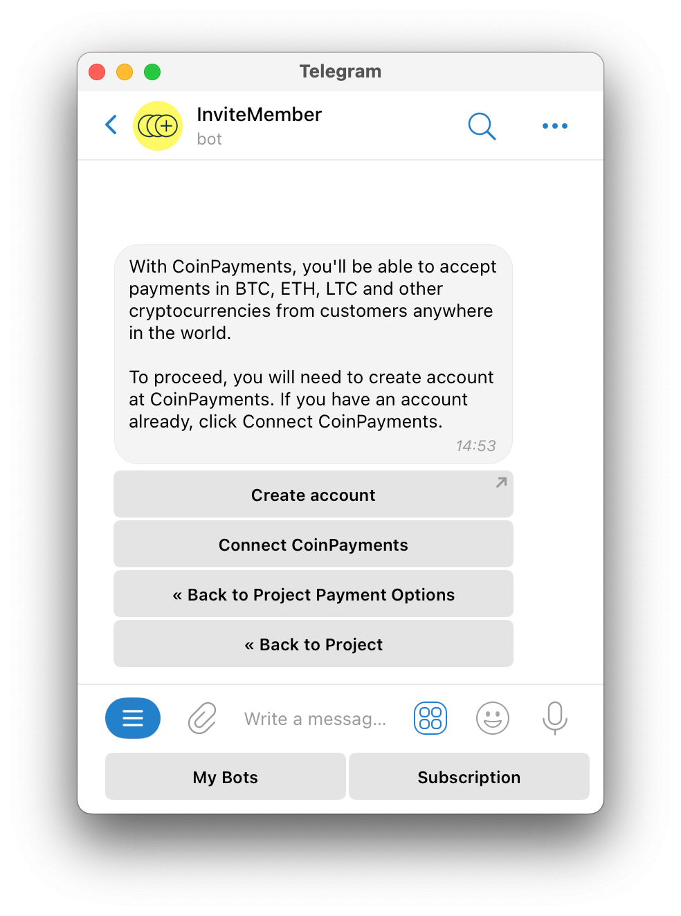 CoinPayments-Telegram InviteMember integration