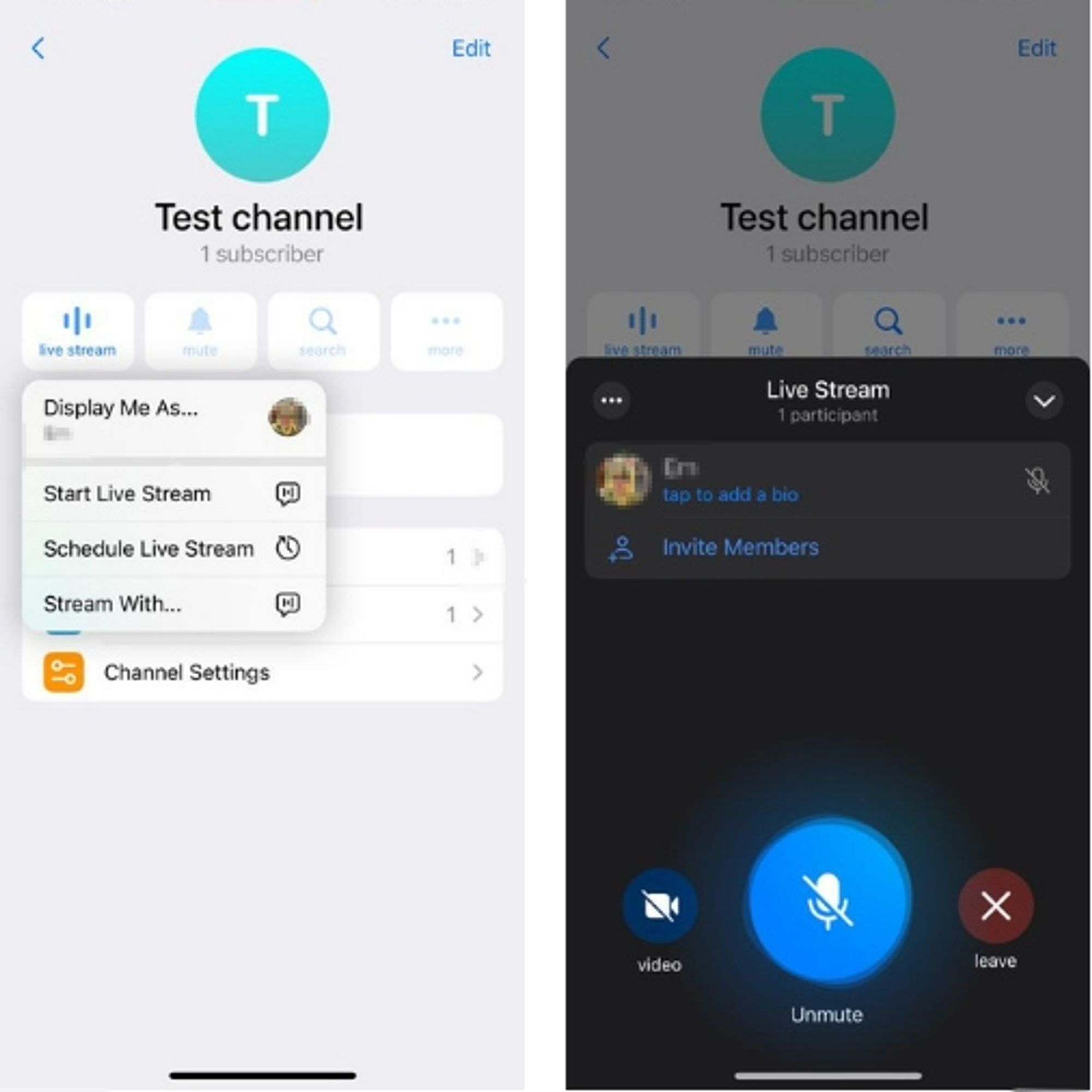 Starting a live stream in Telegram iOS