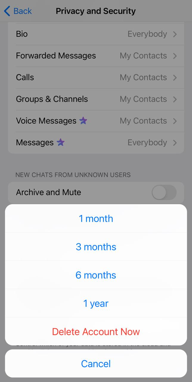 Telegram delete account setting