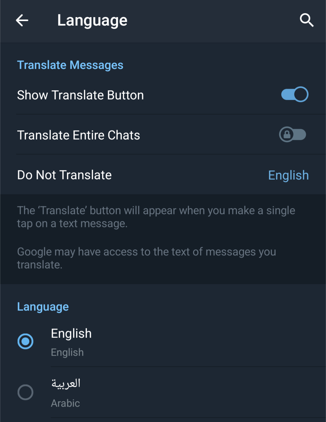 Telegram translation feature