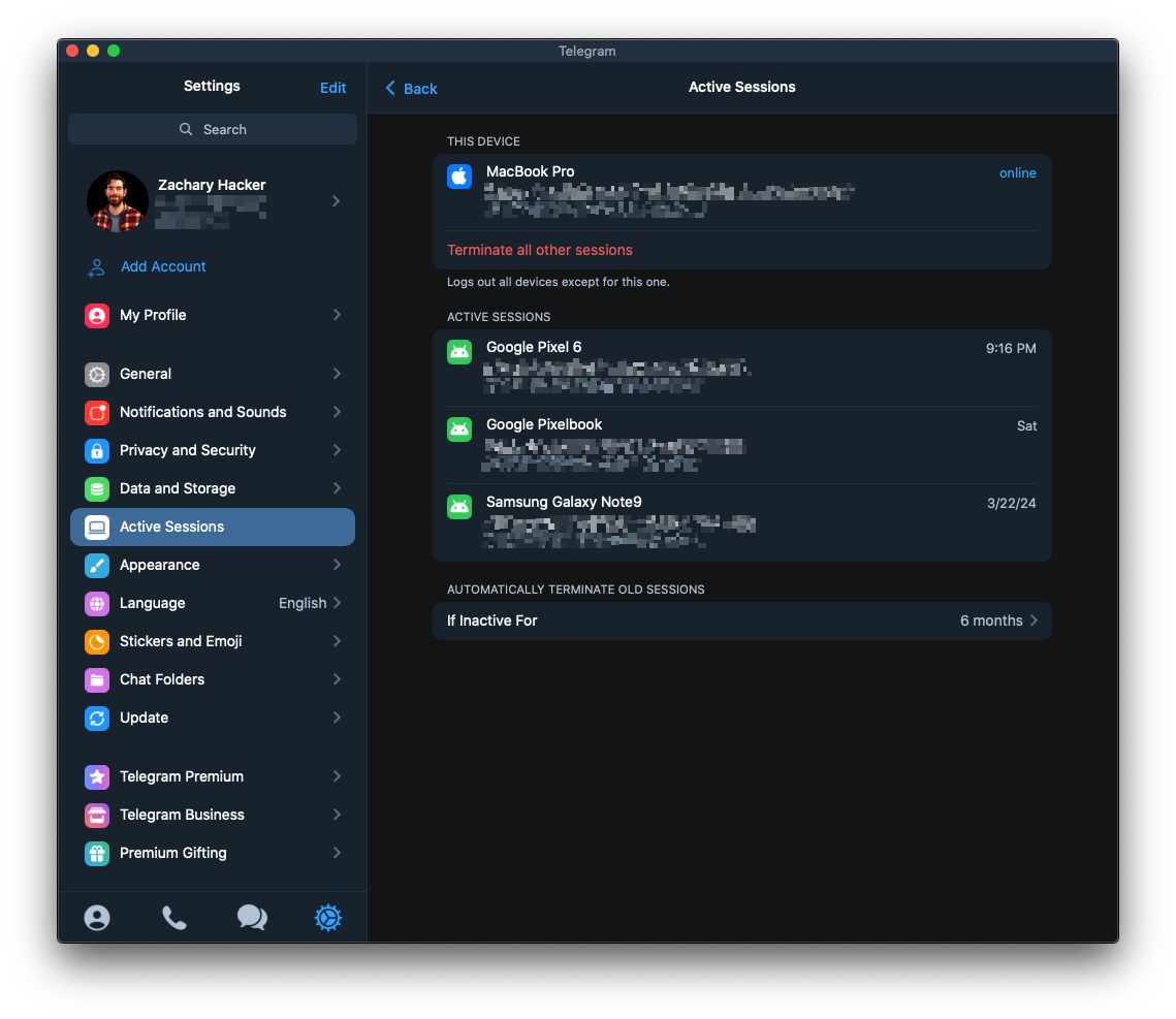 active sessions in Telegram