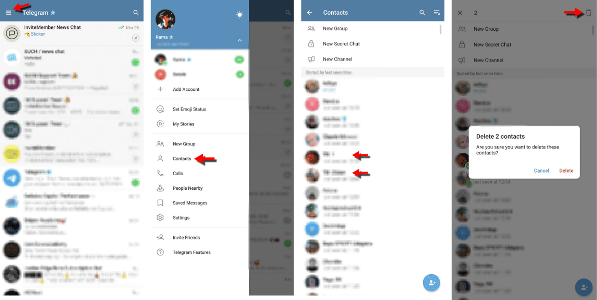 Deleting contacts in Telegram