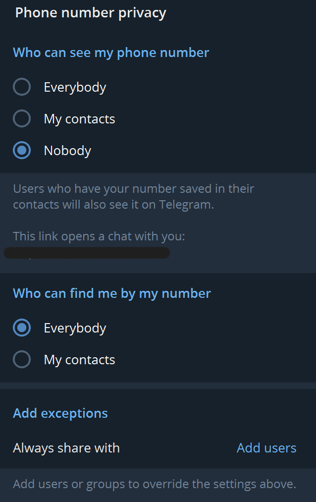 Telegram hide number settings